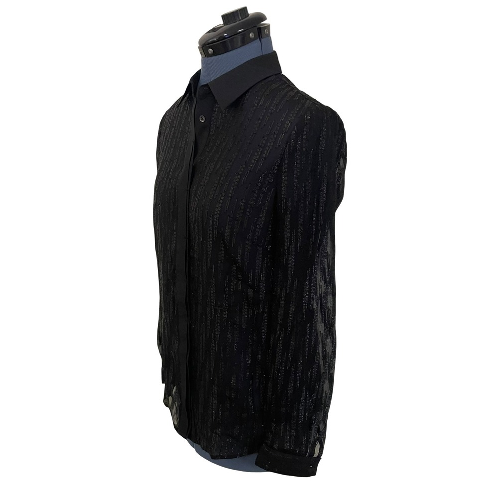 Reiss Black Sheer Metallic Pinstripe Button Up Blouse Goth Romantic Night Out 4 - Picture 8 of 11
